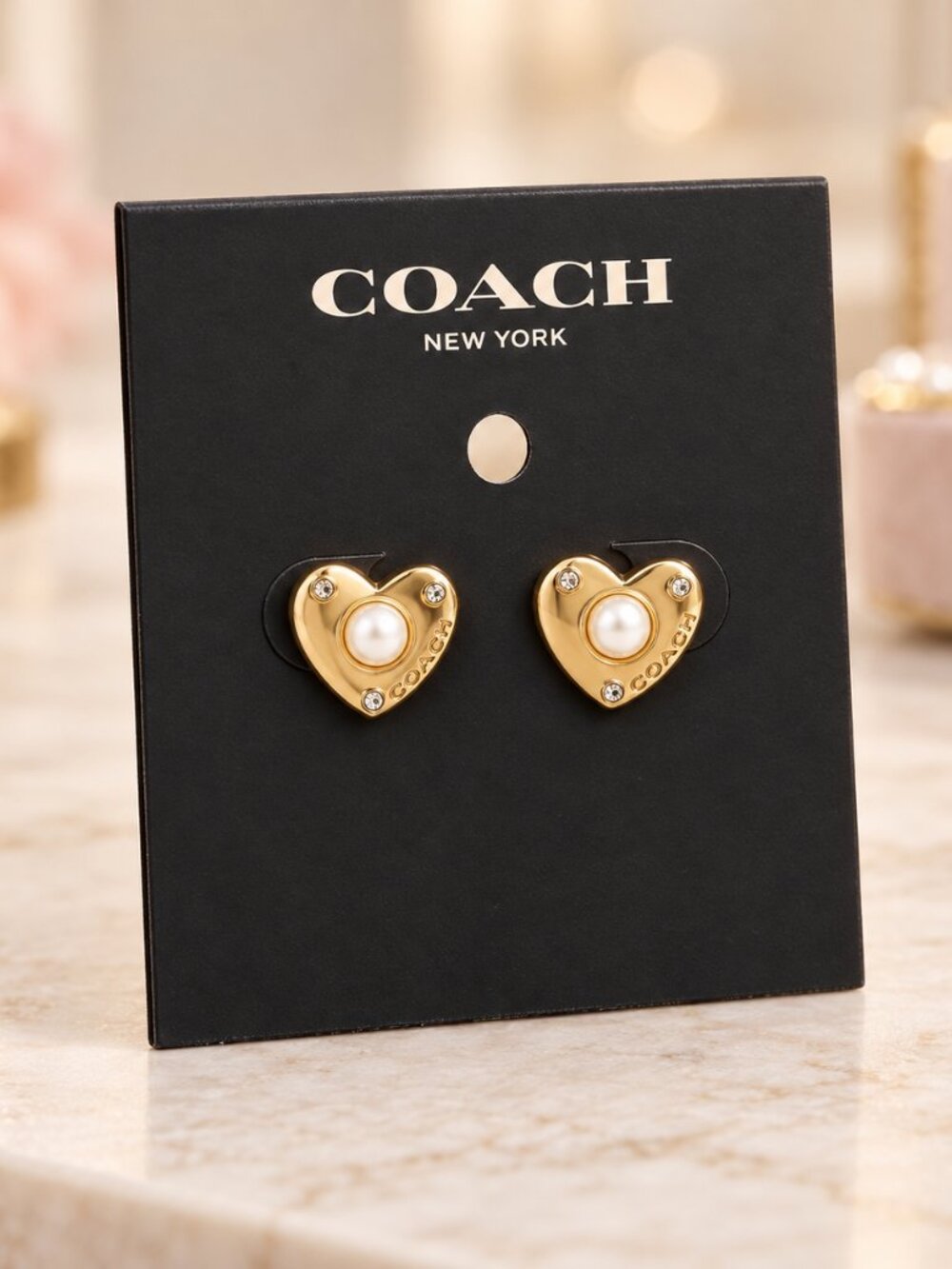 Coach Pearl Heart Stud Earrings Gold Tone Crystal Accents 1/2” NWT